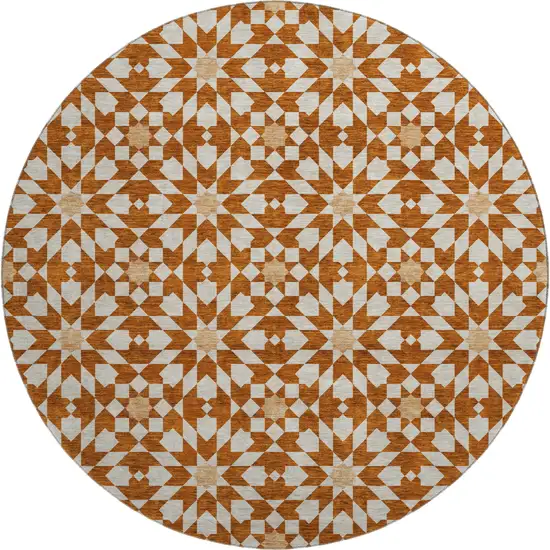8' Rust And Beige Geometric Washable Round Rug With UV Protection Photo 1