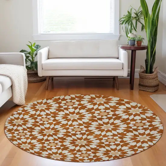 8' Rust And Beige Geometric Washable Round Rug With UV Protection Photo 5