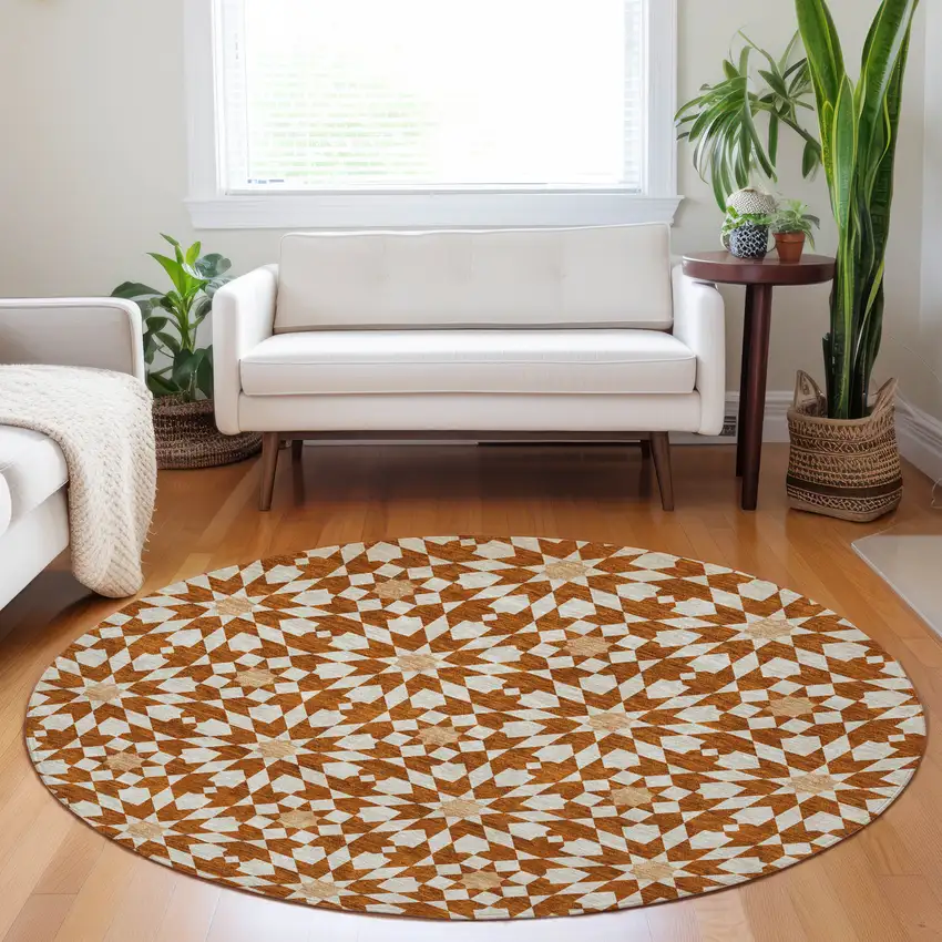 8' Rust And Beige Geometric Washable Round Rug With UV Protection Photo 5