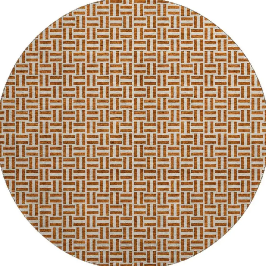 8' Rust And Beige Geometric Washable Round Rug With UV Protection Photo 4