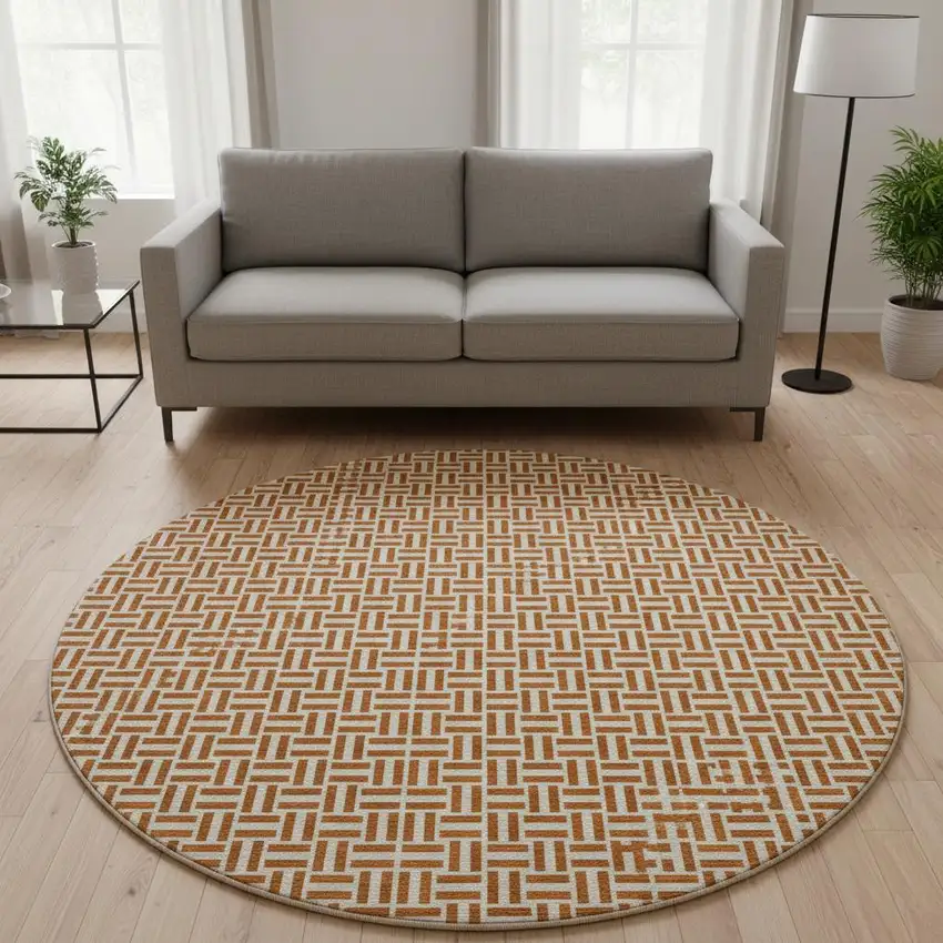 8' Rust And Beige Geometric Washable Round Rug With UV Protection Photo 2