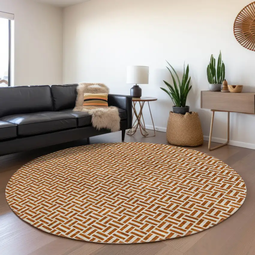 8' Rust And Beige Geometric Washable Round Rug With UV Protection Photo 5