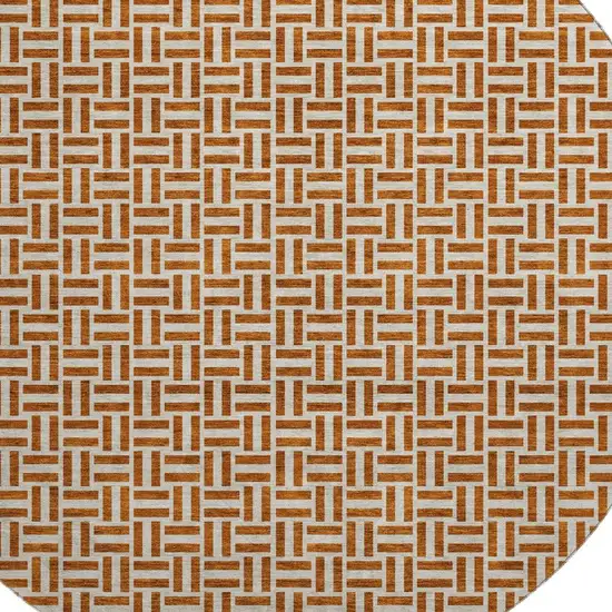 8' Rust And Beige Geometric Washable Round Rug With UV Protection Photo 3