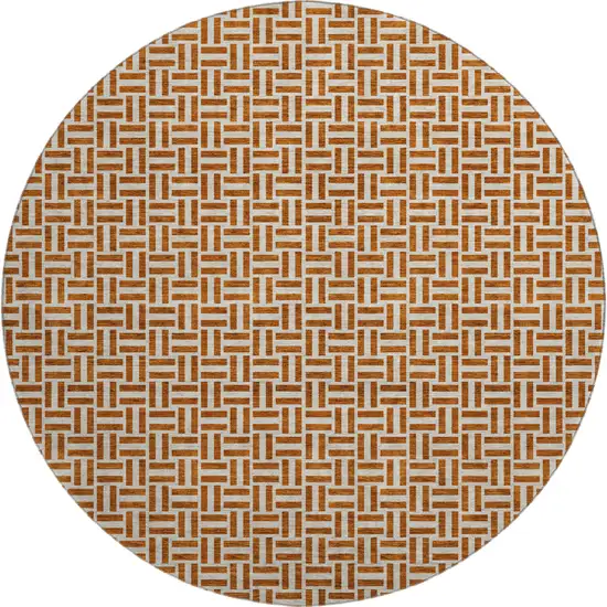 8' Rust And Beige Geometric Washable Round Rug With UV Protection Photo 1