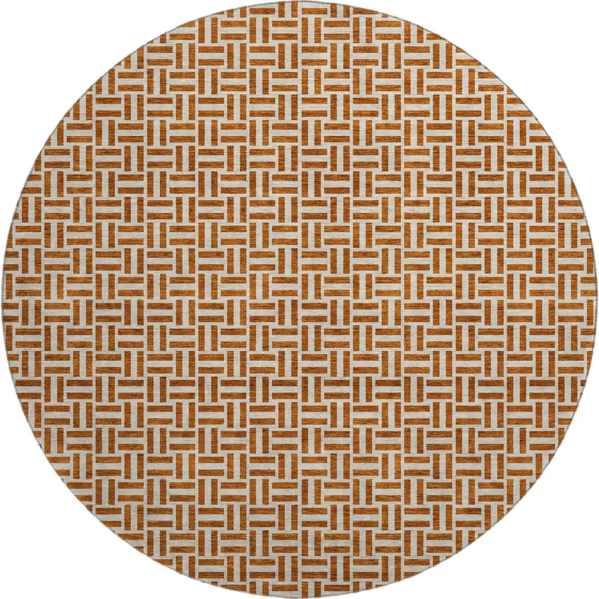 8' Rust And Beige Geometric Washable Round Rug With UV Protection Photo 1