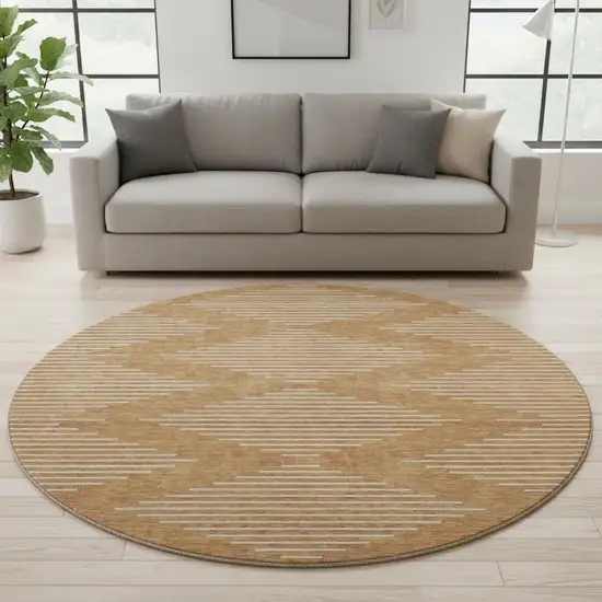 8' Rust And Beige Geometric Washable Round Rug With UV Protection Photo 2
