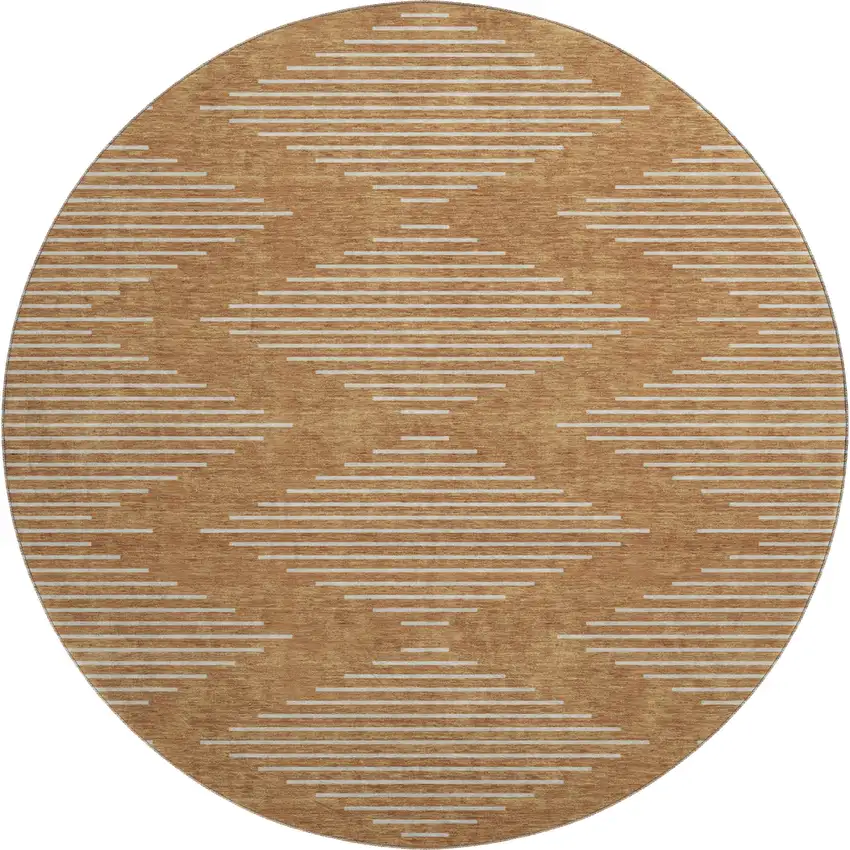 8' Rust And Beige Geometric Washable Round Rug With UV Protection Photo 1