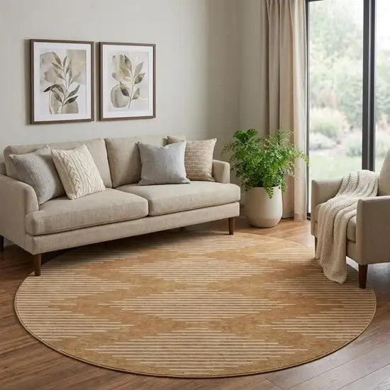 8' Rust And Beige Geometric Washable Round Rug With UV Protection Photo 1