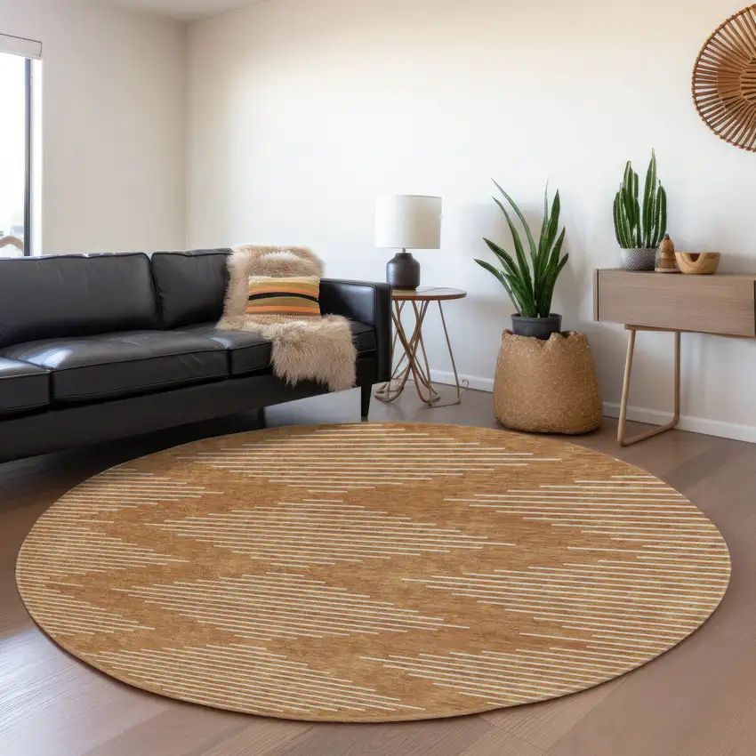 8' Rust And Beige Geometric Washable Round Rug With UV Protection Photo 4