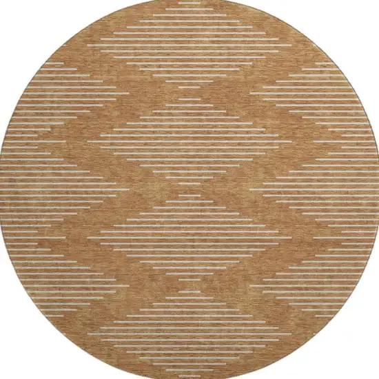 8' Rust And Beige Geometric Washable Round Rug With UV Protection Photo 3