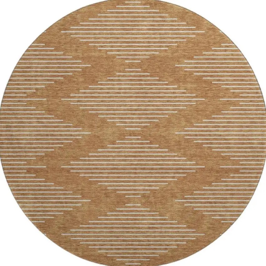 8' Rust And Beige Geometric Washable Round Rug With UV Protection Photo 3