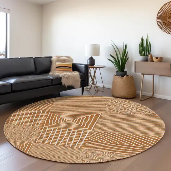 8' Rust And Beige Geometric Washable Round Rug With UV Protection Photo 4