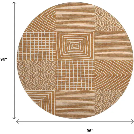 8' Rust And Beige Geometric Washable Round Rug With UV Protection Photo 9