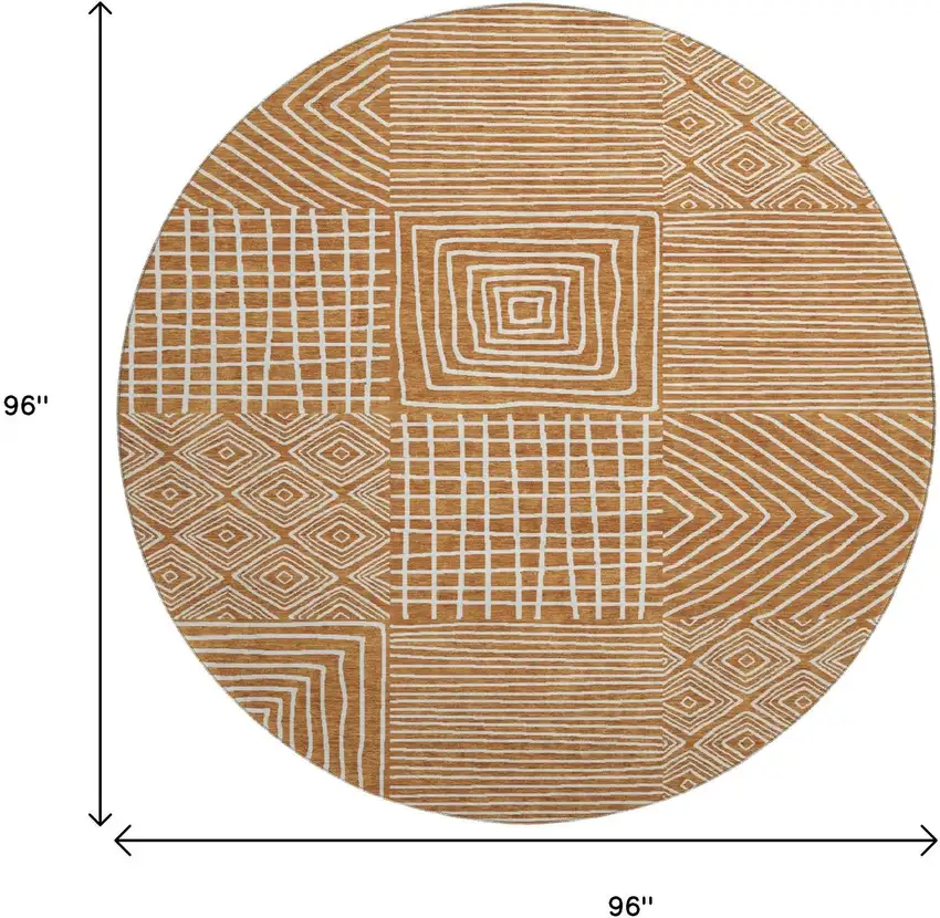 8' Rust And Beige Geometric Washable Round Rug With UV Protection Photo 9