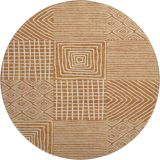 8' Rust And Beige Geometric Washable Round Rug With UV Protection Photo 1