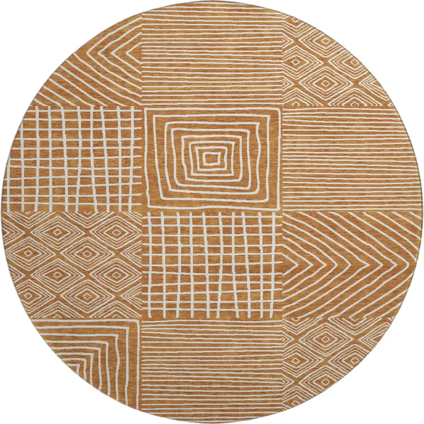 8' Rust And Beige Geometric Washable Round Rug With UV Protection Photo 1
