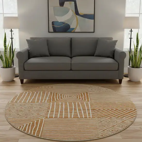 8' Rust And Beige Geometric Washable Round Rug With UV Protection Photo 2