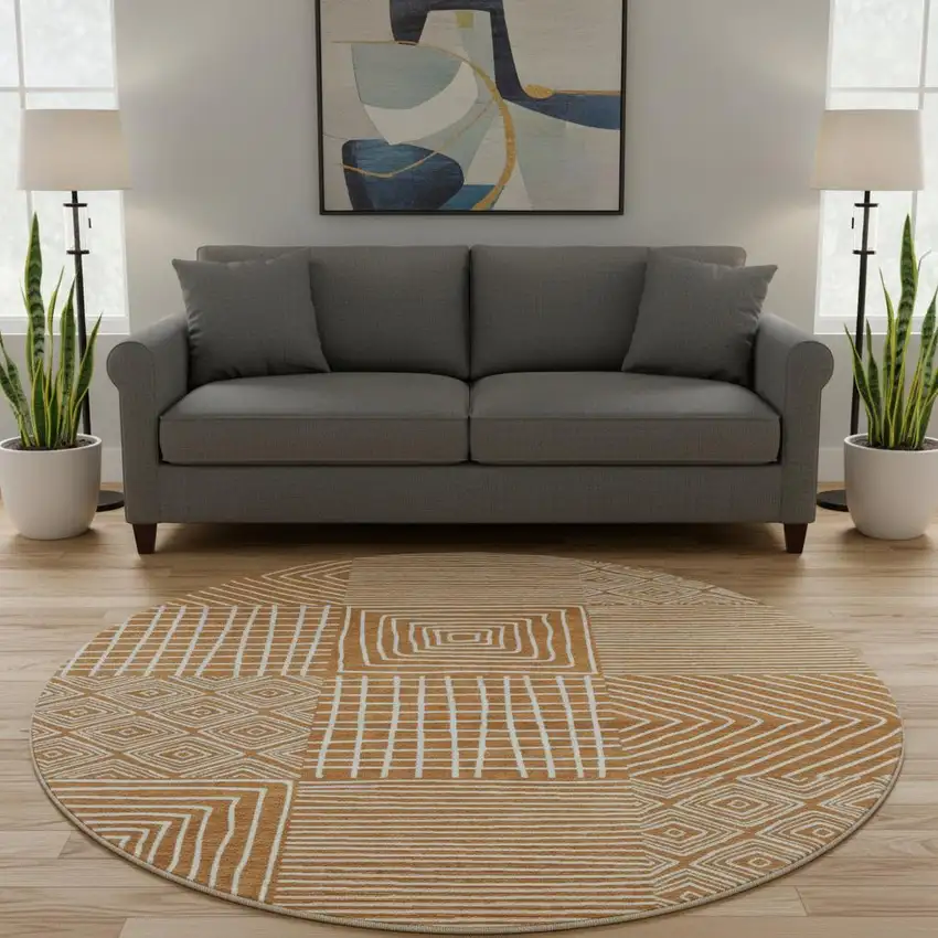 8' Rust And Beige Geometric Washable Round Rug With UV Protection Photo 2