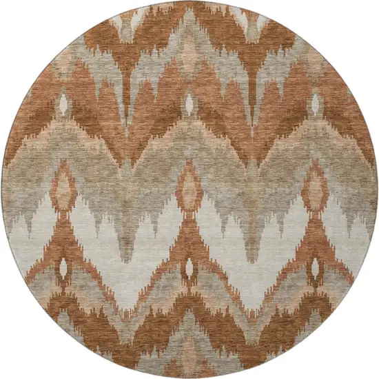 8' Rust And Beige Ikat Washable Round Rug With UV Protection Photo 3