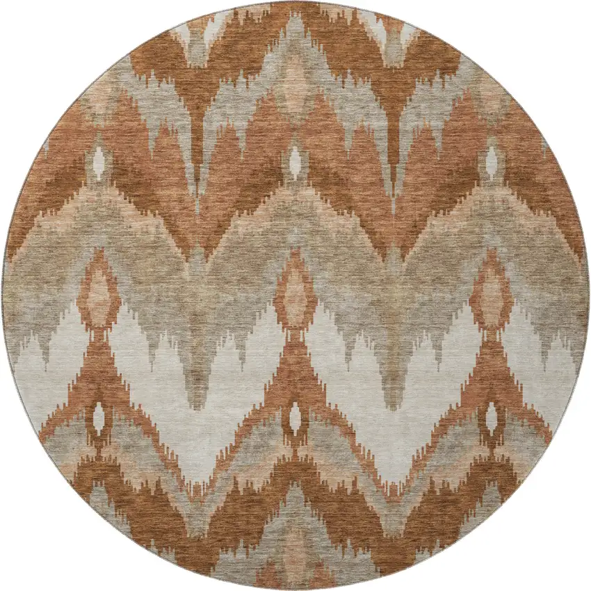 8' Rust And Beige Ikat Washable Round Rug With UV Protection Photo 3