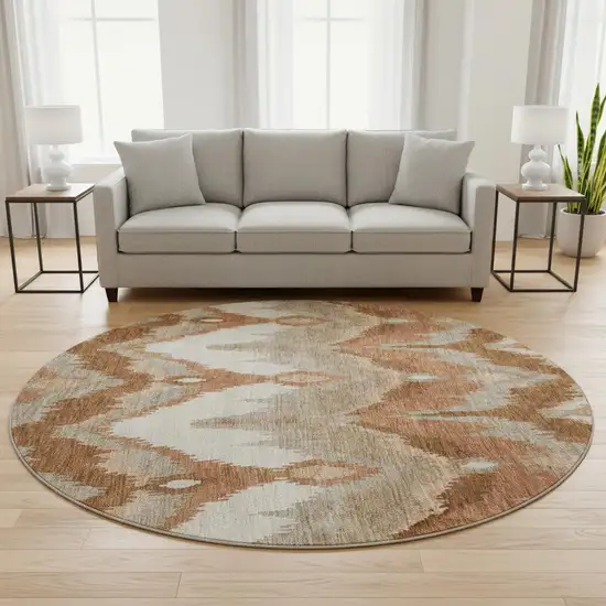 8' Rust And Beige Ikat Washable Round Rug With UV Protection Photo 2