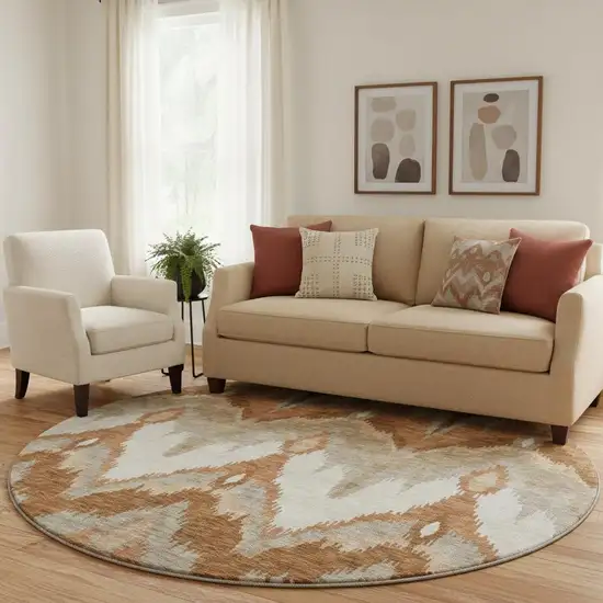 8' Rust And Beige Ikat Washable Round Rug With UV Protection Photo 1