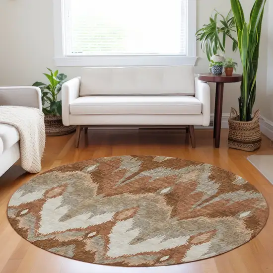8' Rust And Beige Ikat Washable Round Rug With UV Protection Photo 4