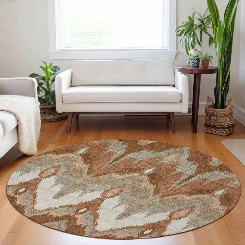 8' Rust And Beige Ikat Washable Round Rug With UV Protection Photo 4