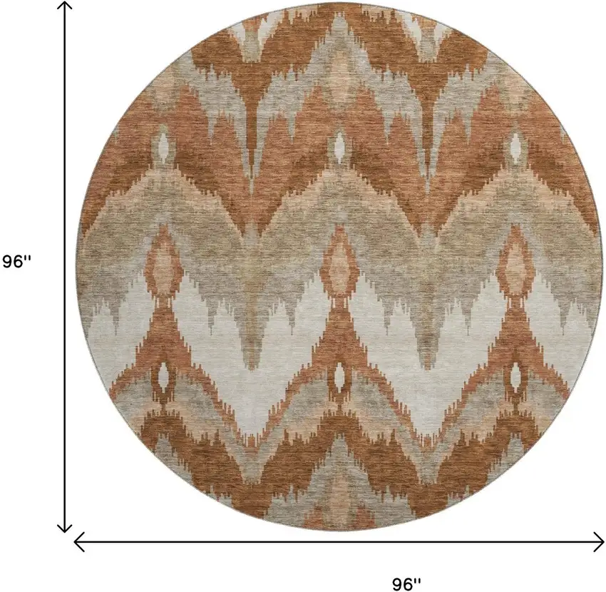 8' Rust And Beige Ikat Washable Round Rug With UV Protection Photo 9