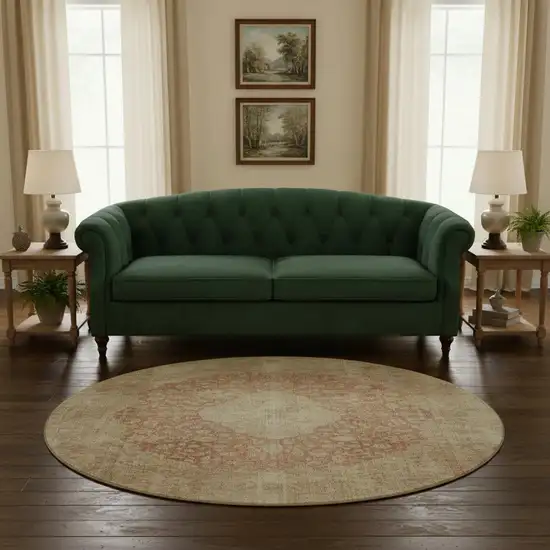 8' Rust And Beige Medallion Washable Round Rug With UV Protection Photo 2