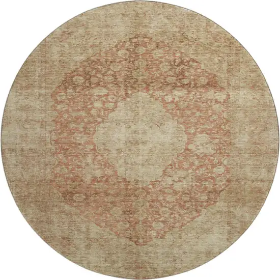 8' Rust And Beige Medallion Washable Round Rug With UV Protection Photo 1