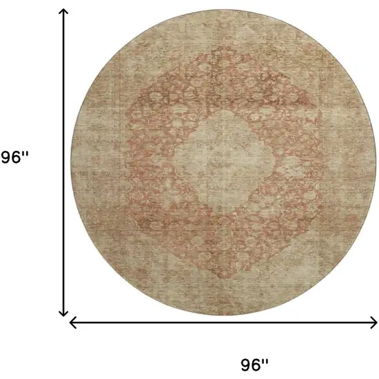 8' Rust And Beige Medallion Washable Round Rug With UV Protection Photo 9
