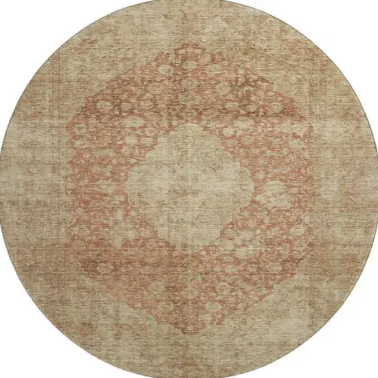 8' Rust And Beige Medallion Washable Round Rug With UV Protection Photo 2