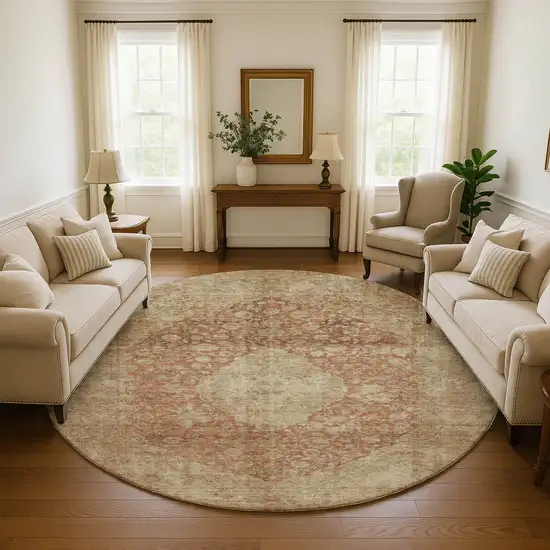 8' Rust And Beige Medallion Washable Round Rug With UV Protection Photo 4