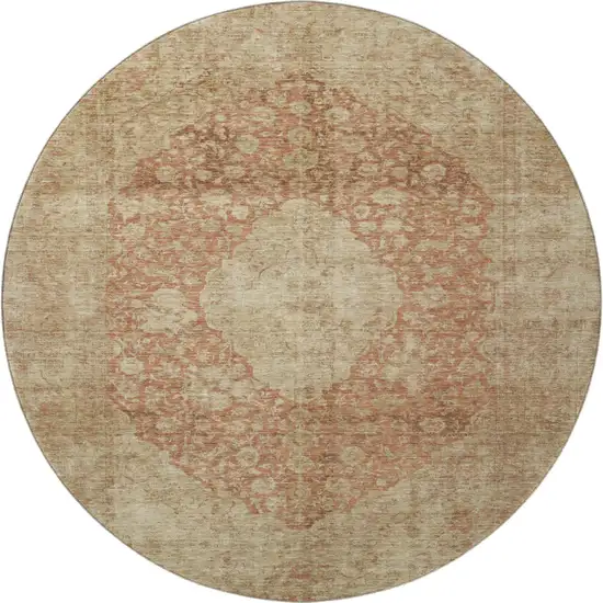 8' Rust And Beige Medallion Washable Round Rug With UV Protection Photo 3