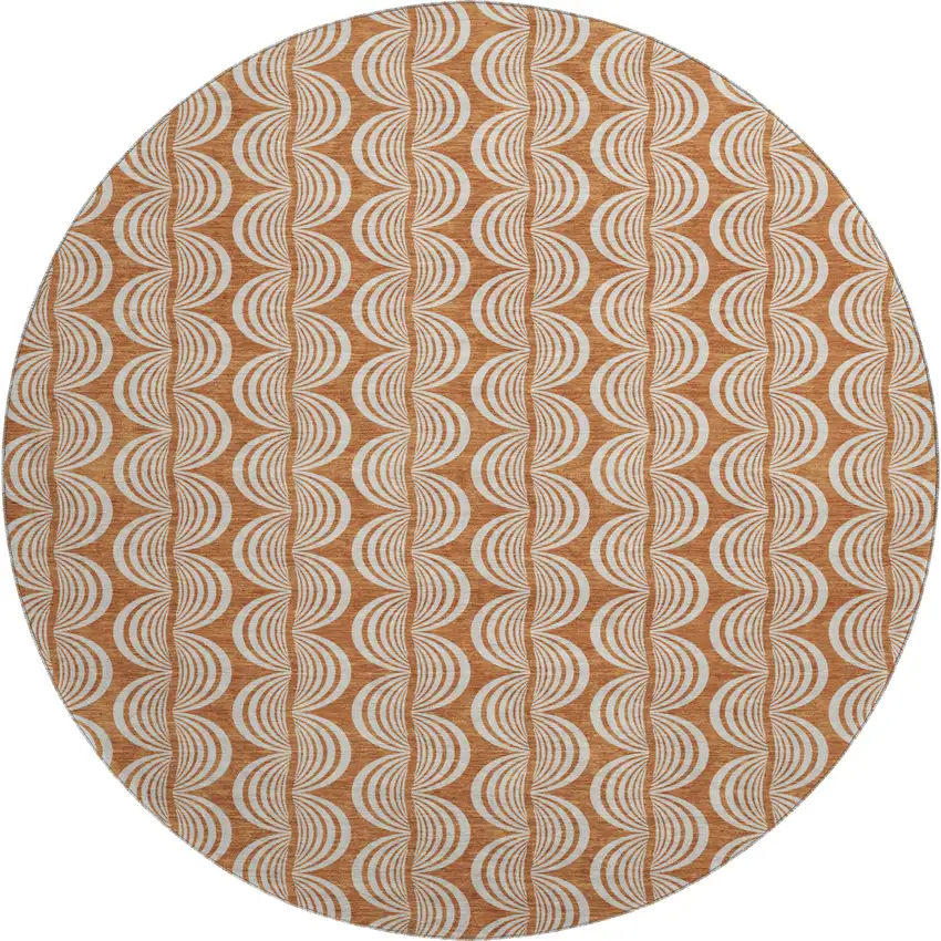 8' Rust And Beige Ogee Washable Round Rug With UV Protection Photo 1