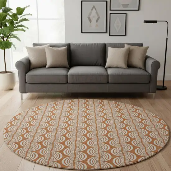 8' Rust And Beige Ogee Washable Round Rug With UV Protection Photo 2