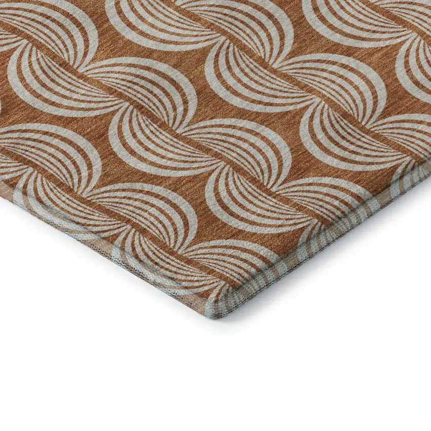 8' Rust And Beige Ogee Washable Round Rug With UV Protection Photo 6