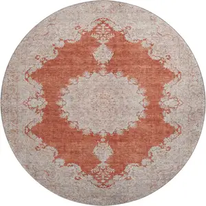 Photo of 8' Rust And Beige Oriental Washable Round Rug With UV Protection
