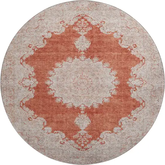 8' Rust And Beige Oriental Washable Round Rug With UV Protection Photo 1