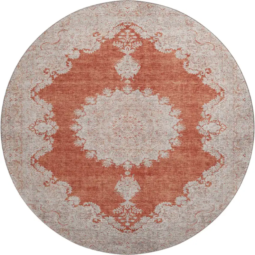 8' Rust And Beige Oriental Washable Round Rug With UV Protection Photo 1