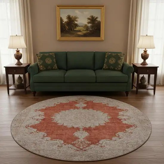 8' Rust And Beige Oriental Washable Round Rug With UV Protection Photo 2