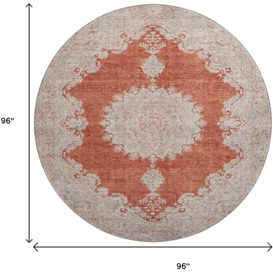 8' Rust And Beige Oriental Washable Round Rug With UV Protection Photo 9