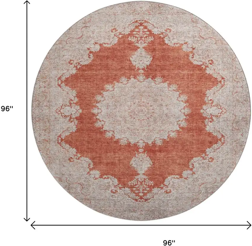 8' Rust And Beige Oriental Washable Round Rug With UV Protection Photo 9