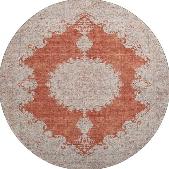 8' Rust And Beige Oriental Washable Round Rug With UV Protection Photo 2