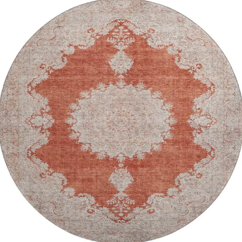 8' Rust And Beige Oriental Washable Round Rug With UV Protection Photo 2