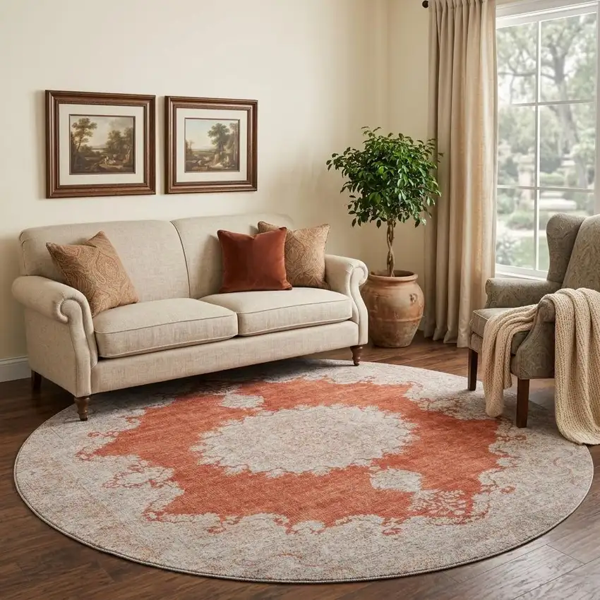 8' Rust And Beige Oriental Washable Round Rug With UV Protection Photo 1