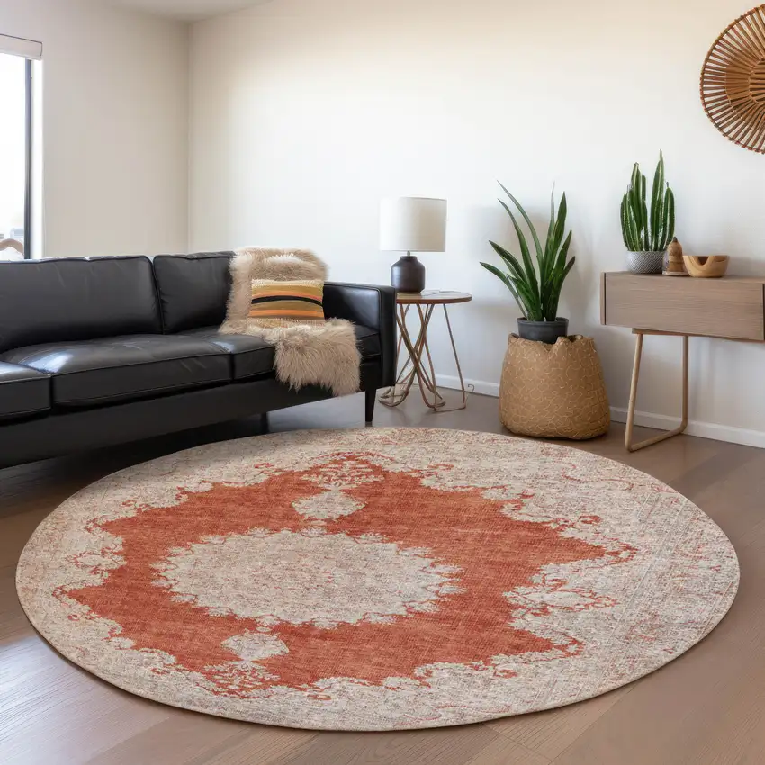 8' Rust And Beige Oriental Washable Round Rug With UV Protection Photo 4