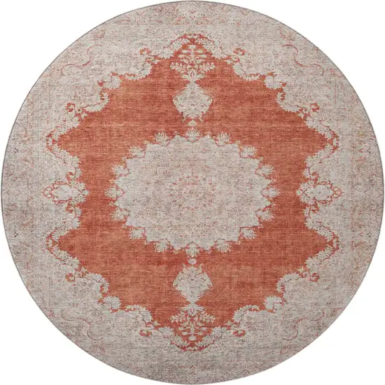 8' Rust And Beige Oriental Washable Round Rug With UV Protection Photo 3