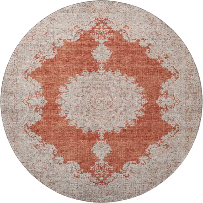 8' Rust And Beige Oriental Washable Round Rug With UV Protection Photo 3